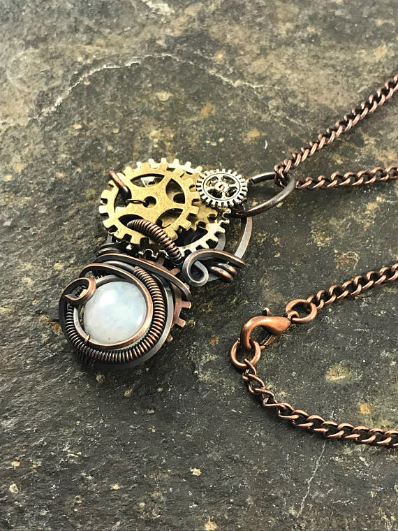 Steampunk Jewelry Wire Wrapped Pendant Necklace Rustic Handmade unique 
