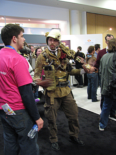 Steampunk attire on the GDC expo floor, promoting Zeitguyz steampunk buy now online