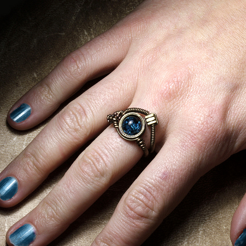 steampunk Jewelry Ring made by CatherinetteRings- Blue Crackle glass beads - picture on hand steampunk buy now online