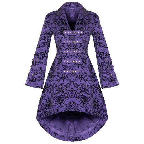 WOMENS NEW PURPLE GOTHIC STEAMPUNK MILITARY ROCKABILLY FLOCKED TATTOO COAT steampunk buy now online