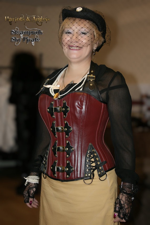 Sale! 26" Steampunk Sky Pirate Corset Wine and Black with Ornate Buckle Fastening for megan oliver steampunk buy now online