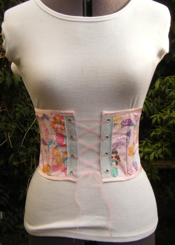 underbust corset mermaid waspie in pale pink.  Front lacing.  One of a kind steampunk buy now online