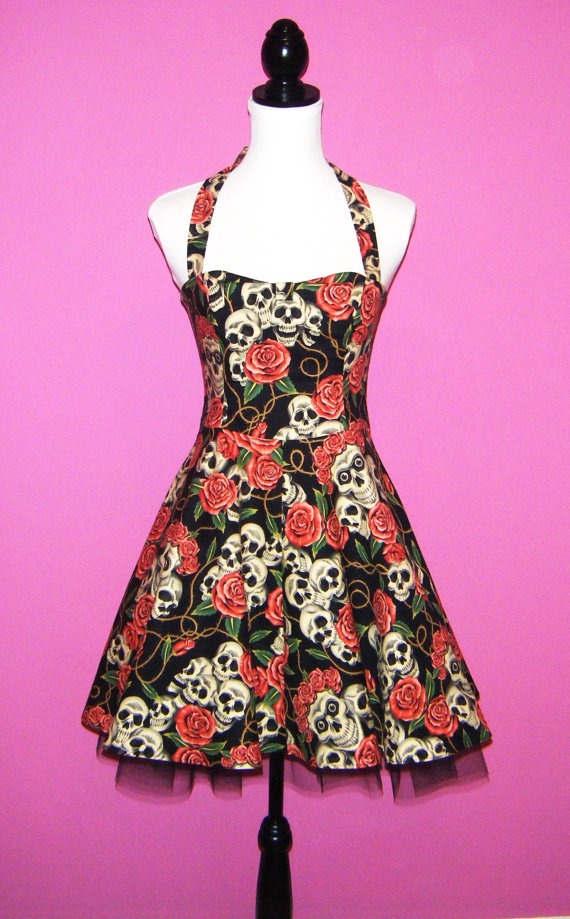 Sew Scary... Black Skulls 'n' Roses Gothic Lolita Halter Neck 50s Dress steampunk buy now online