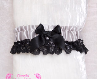 Silver Satin Garter, Black victorian lace trim & black bow. Bride, Bridal, Prom, Burlesque, Goth, Lolita, Hen Night, Bachelorette, Couture steampunk buy now online