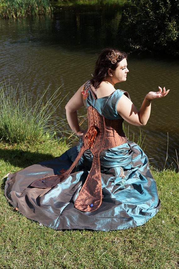 READY TO SHIP  Teal and Copper Steampunk Butterfly Gown with Apron Swag and Unique Corset steampunk buy now online