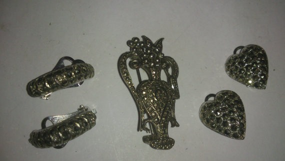 vintage French marcasite brooch and two pairs of earrings steampunk buy now online