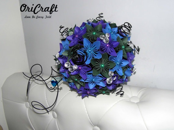 Large paper flower bouquet  - Scottish Wedding - Steampunk - Purple, hunter green, blue - handmade steampunk buy now online