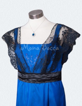 Edwardian Dress handmade in England royal blue Titanic Downton Abbey vintage styled with black lace and Swarovski crystals steampunk buy now online