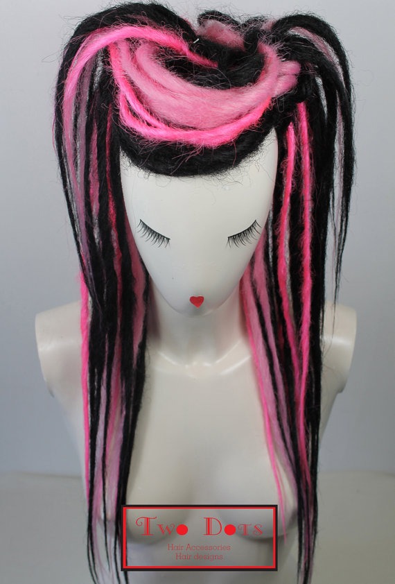 Cosplay Black & Pink Synthetic Dread Falls, Temporary Hair Extensions. Long Layered, Coloured Baby Pink, Pale Pink, Light Pink steampunk buy now online