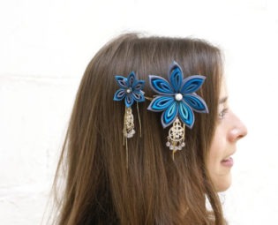 SALE - Kanzashi Flower Fascinator with Falls: Kanzashi Headpiece, Brooch, Hair Clip, Wedding Fascinator in Turquoise and Gray steampunk buy now online