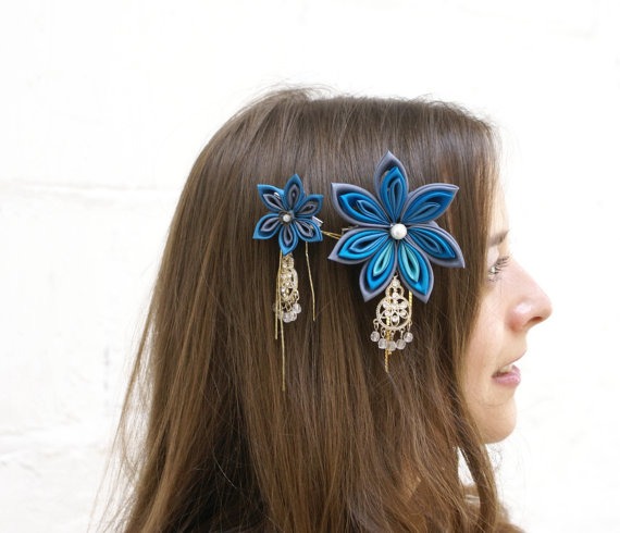 SALE - Kanzashi Flower Fascinator with Falls: Kanzashi Headpiece, Brooch, Hair Clip, Wedding Fascinator in Turquoise and Gray steampunk buy now online