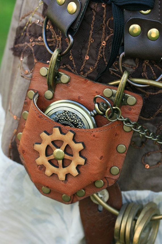 Steampunk Real Brown Leather Watch fob  / compass Corset Pocket  Holster  cogs steampunk buy now online