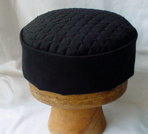 Victorian Style Smoking Cap Black Quilted and Beaded, Lounge Hat Steampunk Mens Hat, Gothic Pillbox Hat  - handmade steampunk buy now online