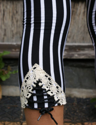 Handmade Black and White Striped Leggings with Lace Corset detail steampunk buy now online