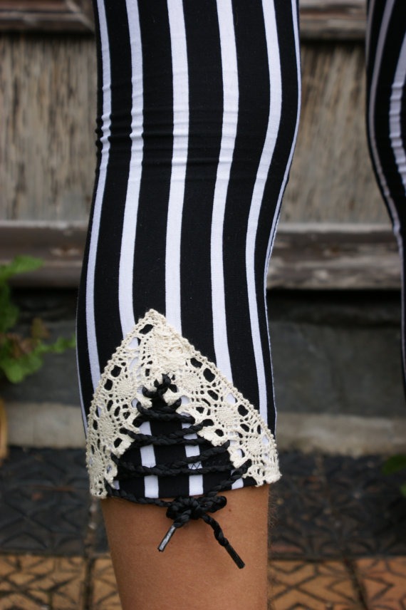 Handmade Black and White Striped Leggings with Lace Corset detail steampunk buy now online