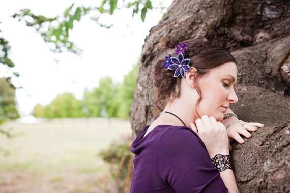 SALE -  Steampunk Wedding Fascinator: Kanzashi Hair Flower, Hair Clip, Brooch Pin in Grey Purple and Violet Silk steampunk buy now online