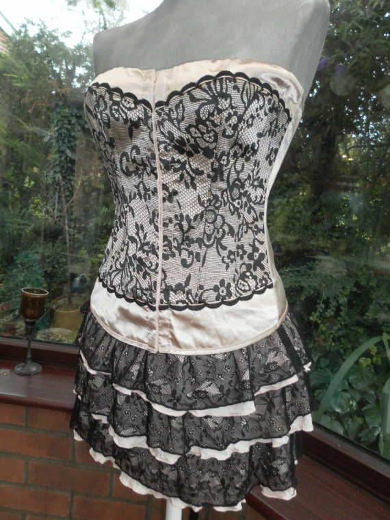 Steampunk corset goth day of the dead zombie skirt made in in frilled lace layers and lace over satin boned corset steampunk buy now online