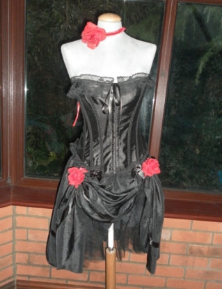 Ready to ship complete outfit red rose trimmed red/black corset black satin bustle skirt goth zombie steampunk buy now online