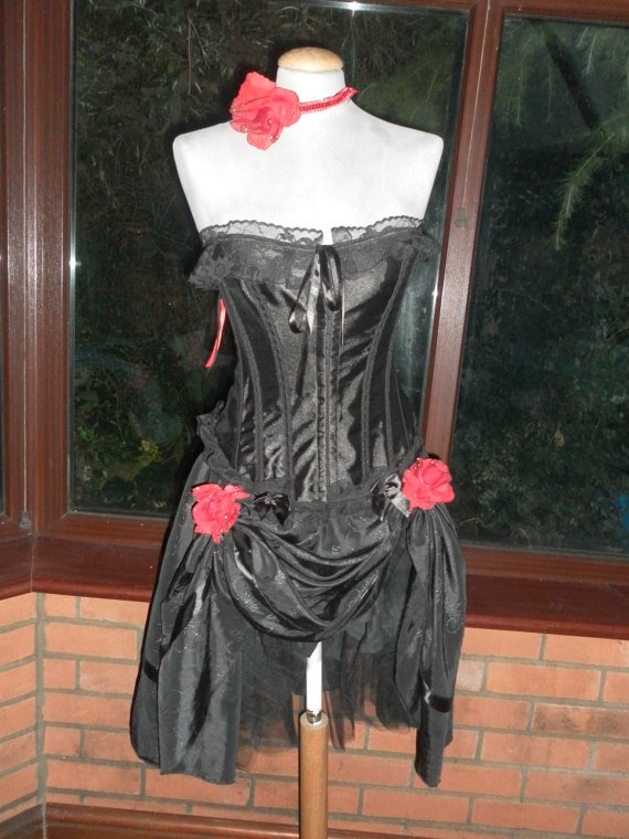 Ready to ship complete outfit red rose trimmed red/black corset black satin bustle skirt goth zombie steampunk buy now online