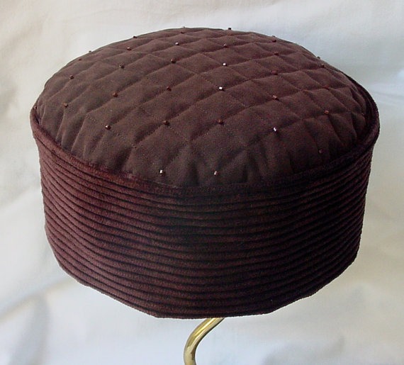 Smoking Cap Victorian Style Quilted and Beaded Mens Lounge Hat, Cocoa Pillbox Hat Mens Steampunk Oriental Cap - handmade chocolate brown steampunk buy now online