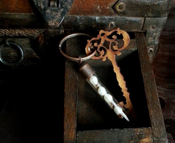 Steampunk Keyring - 'Scientifica 8' - seed pearls and copper wire in a plastic test tube steampunk buy now online
