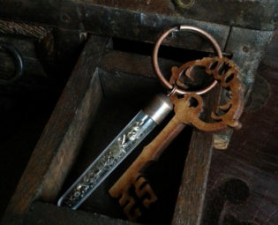 Steampunk Keyring - 'Scientifica 11' - tiny steel and brass cogs/watch components in a plastic test tube steampunk buy now online