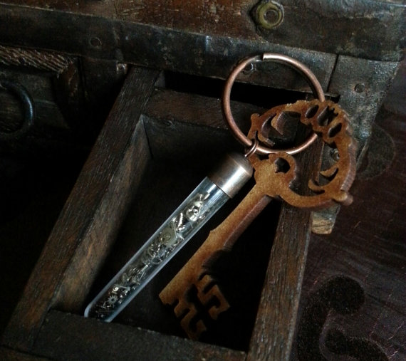 Steampunk Keyring - 'Scientifica 11' - tiny steel and brass cogs/watch components in a plastic test tube steampunk buy now online