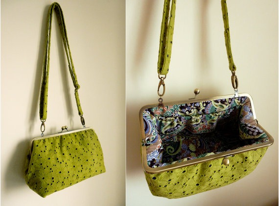 Green Broderie Anglaise Kiss Frame Bag / Large upcycled lace fabric handbag, Clutch, Messenger / Modern Brass Rectangle Lined Frame Purse steampunk buy now online