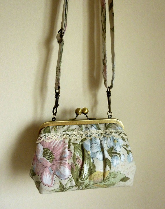 Shabby Chic Fabric Small Kiss Frame Bag / Upcycled Floral and Bird Print handbag, Clutch, Messenger / Modern Brass Rectangle Frame Purse steampunk buy now online