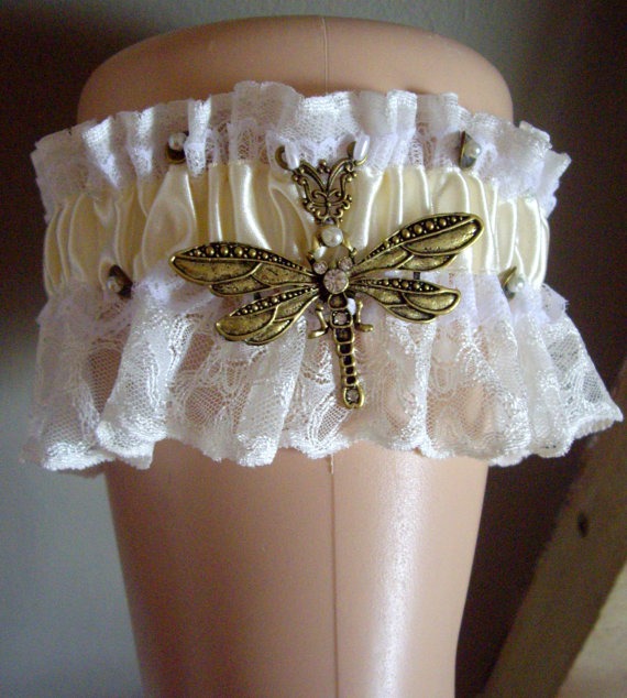 Steampunk Dieselpunk Dragonfly Ribbon And Lace Bridal Ivory Wedding Garter Bride Cosplay steampunk buy now online