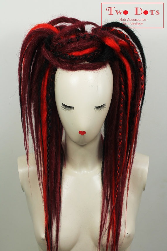 Burgundy, Red & Black Synthetic Dread Falls, Ponytail Hairpieces. steampunk buy now online