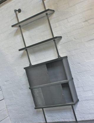 Made to Order Reclaimed White Washed Scaffolding Board and Dark Steel Clad Shelves with Sliding Door Cupboards - www.inspiritdeco.com steampunk buy now online