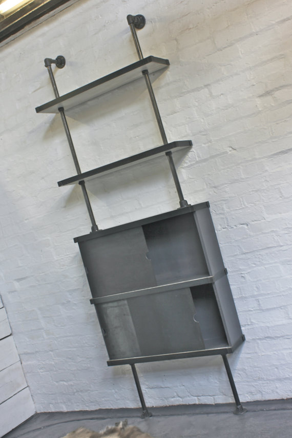 Made to Order Reclaimed White Washed Scaffolding Board and Dark Steel Clad Shelves with Sliding Door Cupboards - www.inspiritdeco.com steampunk buy now online