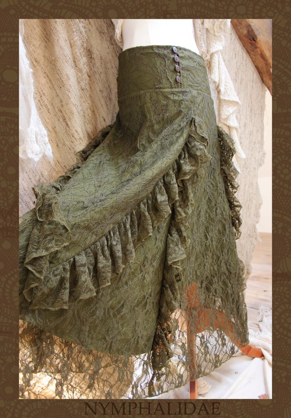 Olive Green Lace Gypsy Renaissance Ruffle Skirt steampunk buy now online