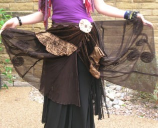 Steampunk, tribal belly dance costume or festival wear. Altered Couture brown wrap bustle skirt. Repurposed eco clothing with vintage lace steampunk buy now online