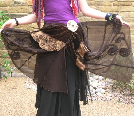 Steampunk, tribal belly dance costume or festival wear. Altered Couture brown wrap bustle skirt. Repurposed eco clothing with vintage lace steampunk buy now online