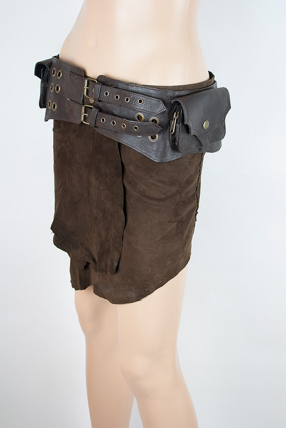 Leather utility belt bag steampunk festival belt with pockets (brown) - Inugami steampunk buy now online