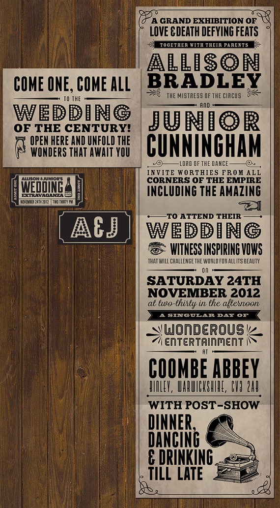 PDF Printable Carnival circus vintage theatre poster style wedding invitation with ticket (steampunk, Victorian, typographic) diy steampunk buy now online
