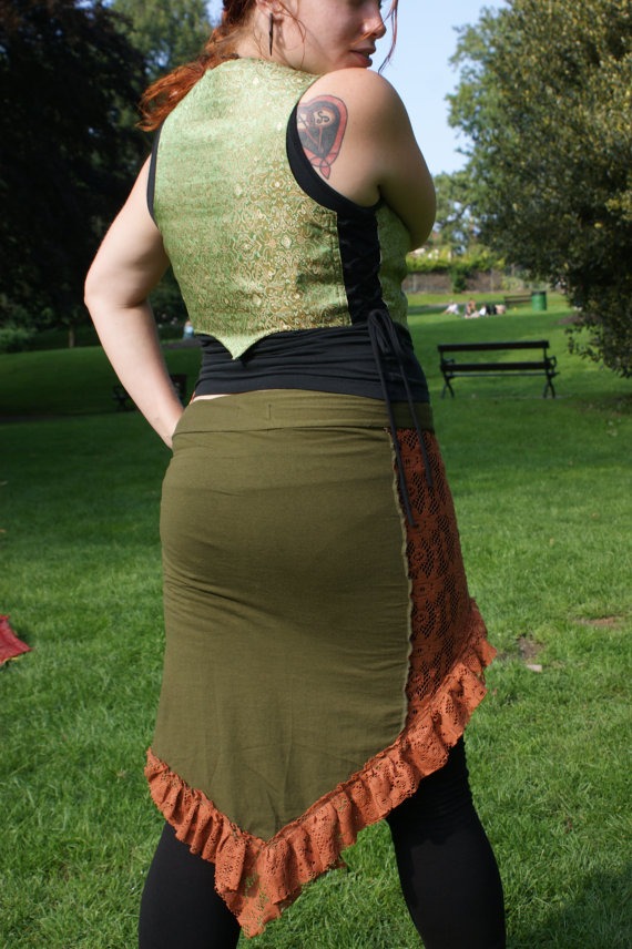 Sleek And Ruffly Figure Hugging Skirt In Rust And Olive. Comfortable and Stretchy, Steampunk, Pixie, Maternity Wear, Clubbing, Festival S01 steampunk buy now online