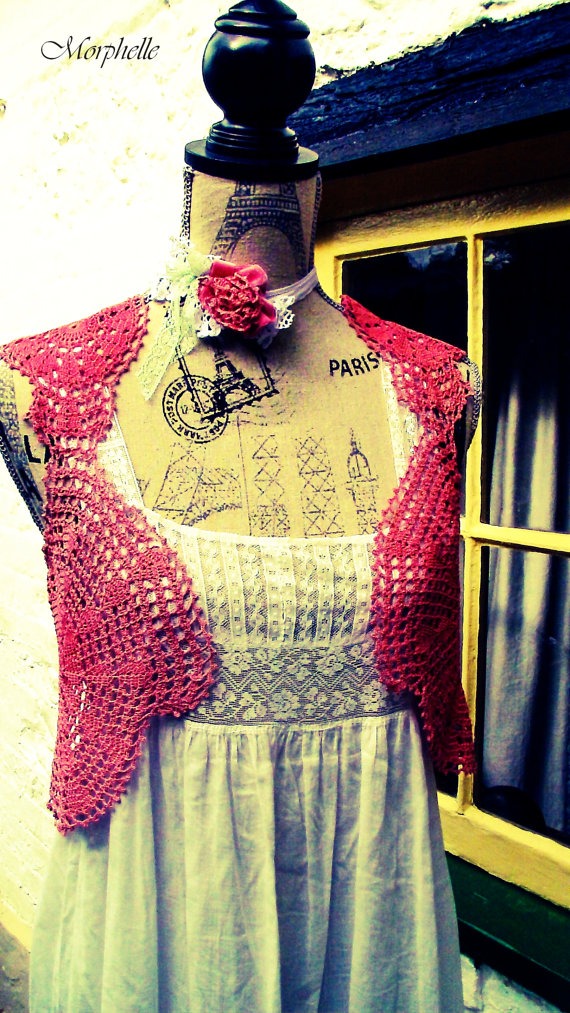 Morphelle Ooak Steampunk Doily Waistcoat with Choker Bracelet Belt Headband Lace Crochet Bustle Tailed Jacket Dusky Rose Vintage steampunk buy now online