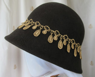 Hand blocked wool felt dark chocolate / coffee brown cloche 1920s style hat featuring a gold lace band with loop and teardrop design steampunk buy now online