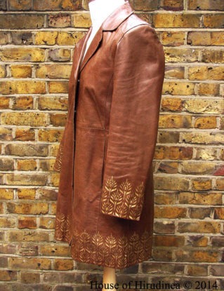 Womens steampunk long brown leather jacket hand painted deco pattern steampunk buy now online