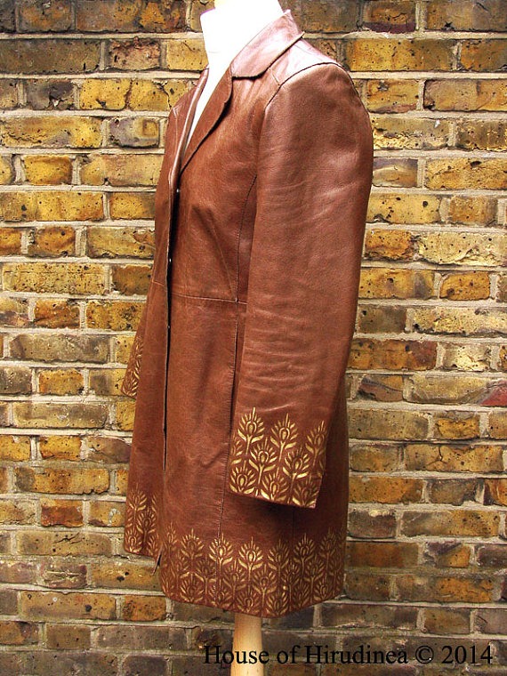 Womens steampunk long brown leather jacket hand painted deco pattern steampunk buy now online