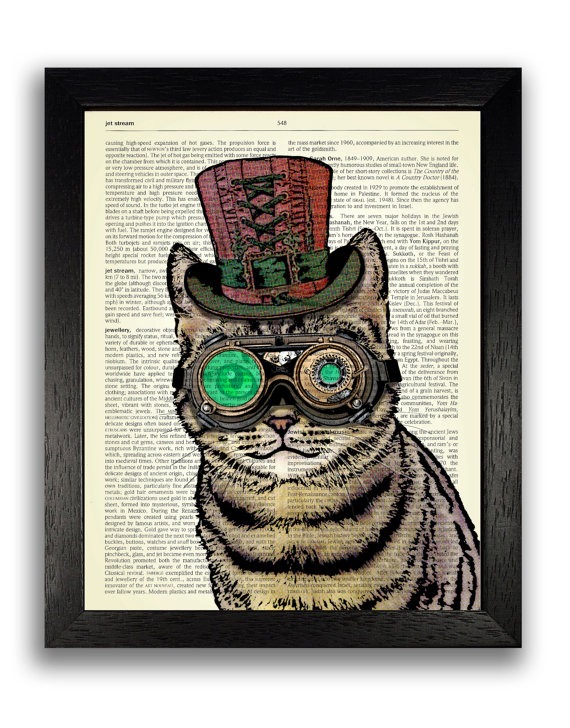 STEAMPUNK ART PRINT, Steampunk Cat Decor, Steampunk Decor, Cat Art Print on Dictionary Paper, Cat Wall Art Poster Decor, Gift for Boyfriend steampunk buy now online