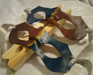 Two-Tone Domino Twins in Tan and Navy - Handmade Leather Masquerade Cosplay Mask steampunk buy now online