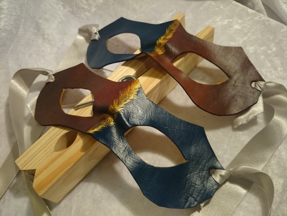 Two-Tone Domino Twins in Tan and Navy - Handmade Leather Masquerade Cosplay Mask steampunk buy now online