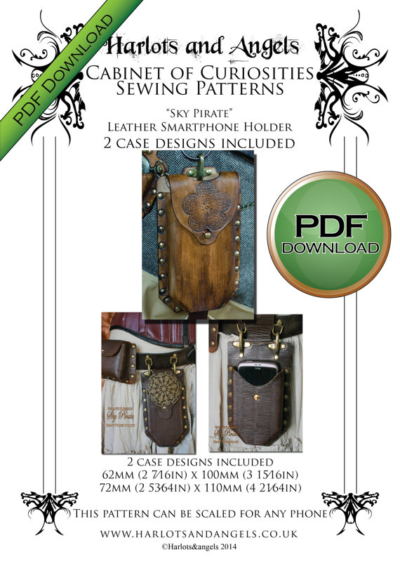 Pdf Leather Smart Phone Holder PATTERN. DGITAL DOWNLOAD soft leather/ fabric or veg tan Leather steampunk buy now online