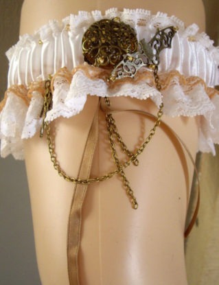 White Brown Steampunk Wedding Ornate Moon Bat Ribbon And Lace Bridal Garter steampunk buy now online