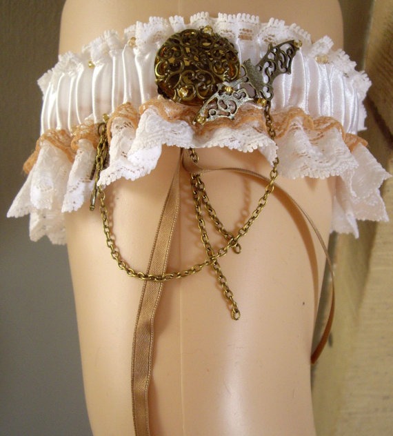 White Brown Steampunk Wedding Ornate Moon Bat Ribbon And Lace Bridal Garter steampunk buy now online
