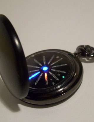 Small glossy black pocket watch with a red, green and blue LED display. Traditional with a science fiction, steampunk twist. steampunk buy now online